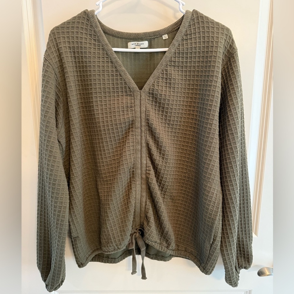 Olive Green Waffle Knit Drawstring Sweatshirt